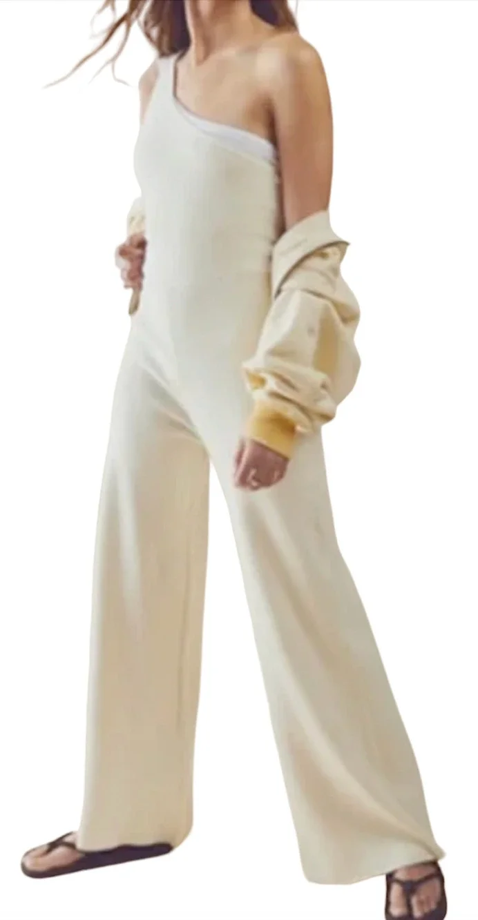 FREE PEOPLE FP BEACH IVORY WAVERLY SWEATER ONE SHOULDER JUMPSUIT WIDE LEG SZ M